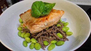 Salmon broad bean and salad